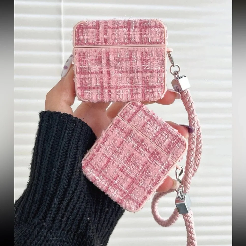 Chic Pink & Metallic Multi Tweed AirPod Case Mult Sizes New